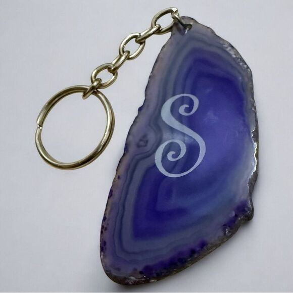 Purple Agate Slice Keychain with “S” Monogram – Natural Stone Initial Charm - Picture 13 of 17